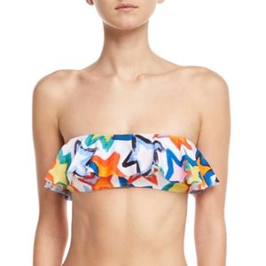 NEW - MILLY Cabana Star-Print Ruffle Bandeau Bikini Top Multicolor - Size Small